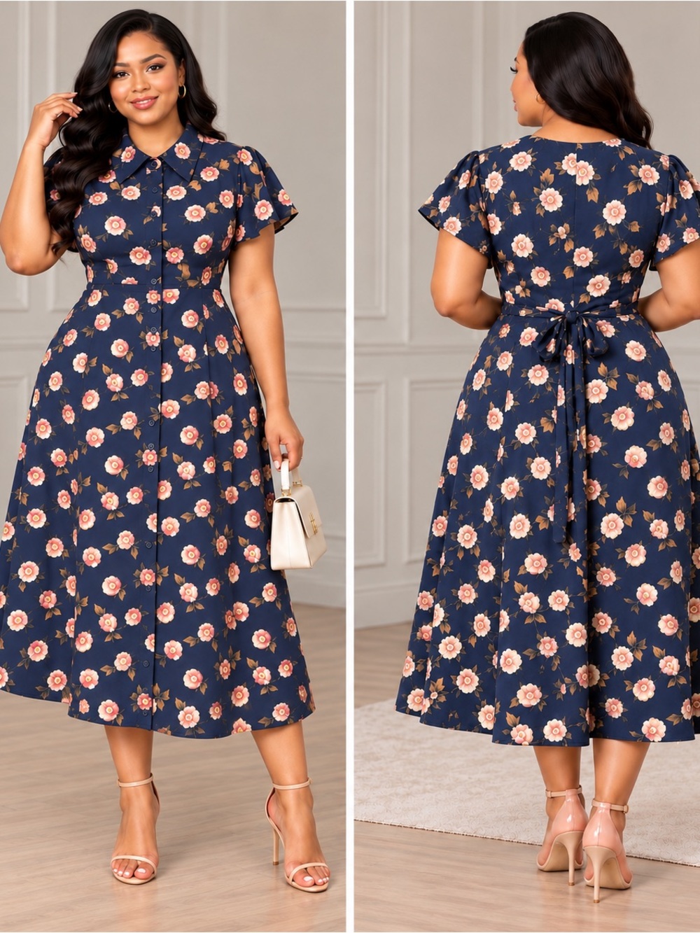 Kathie Lee Navy Blue Floral Button Up Midi Dress